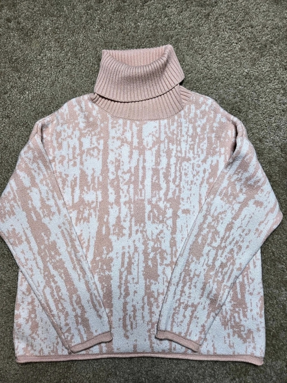 Storia Blush Pink White Abstract Forest Tree Knit Turtleneck Cozy Sweater S